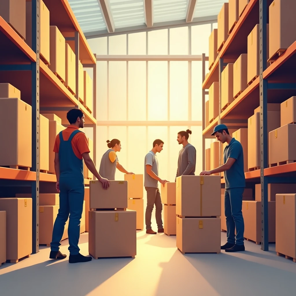 Trabajadores de almacén organizando