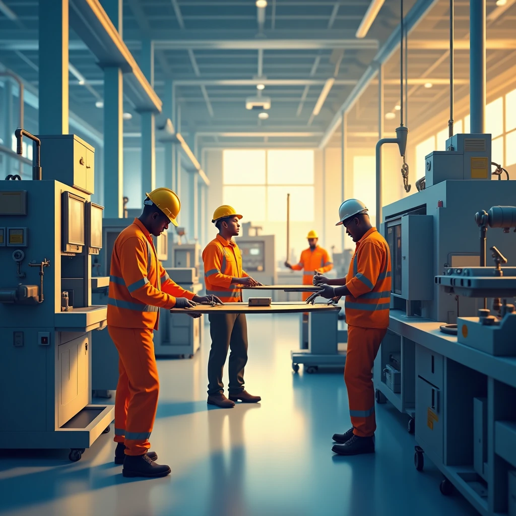 Manufacturing team operating machinery