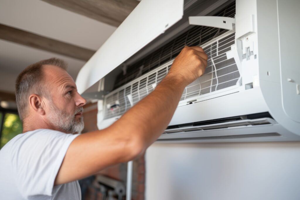 Técnico de refrigeração instalando ar condicionado.